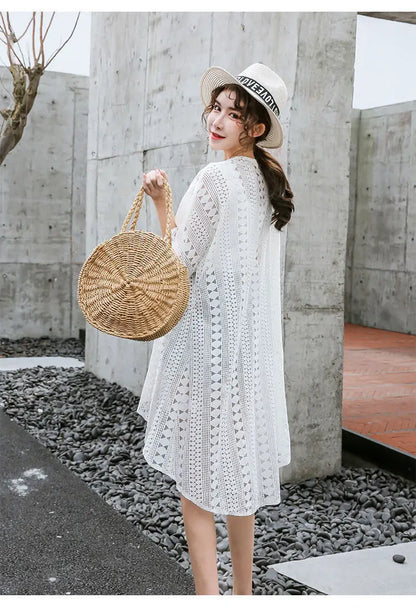 Women's Lace Cardigan Plaid Hollowed Out Long Shawl Summer