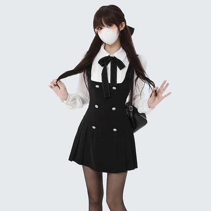 Fake Two-piece Dress Women Preppy Style Bow Buttons Long Sleeve A-line Mini Dress