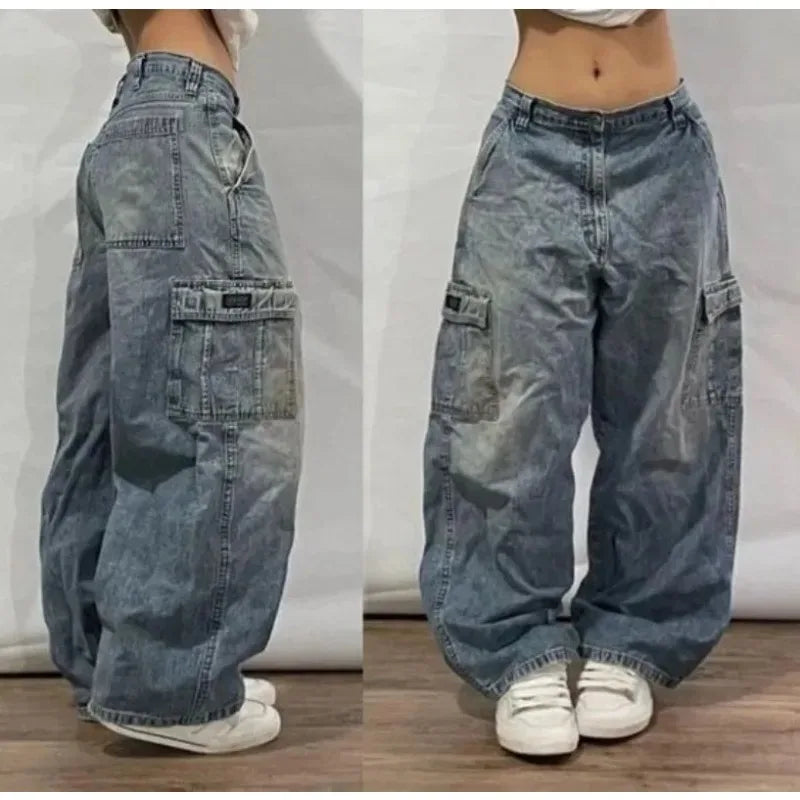 Y2K Fashion Baggy Jeans Denim Cargo Pants Womens Vintage Multi Pocket High Waist New Harajuku Gothic Wide Trouser Streetwear