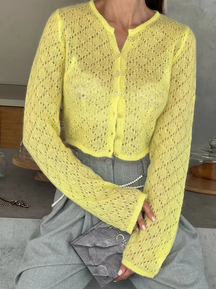 Tossy Summer Knitwear Hollow Out Cardigan Female Long Sleeve Casual Cropped Top Patchwork See-Through Knit Cardigan Outwear 2025