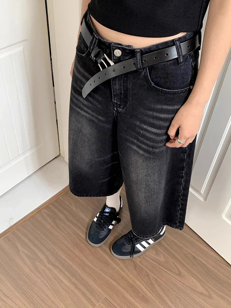 High Waist Black Retro Washed Denim Shorts Women's Harajuku Vintage Fashion Casual Loose Y2K Streetwear Mid Long Wide Leg Pants