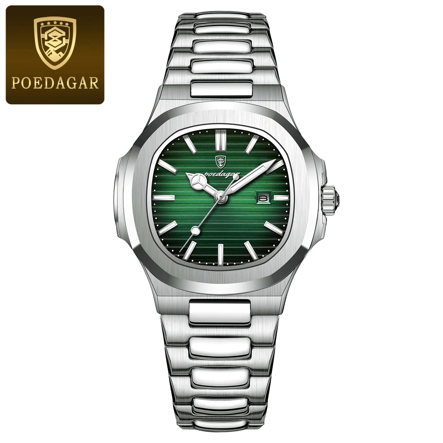POEDAGAR Original Trendy Women's Watches Waterproof Luminous Date Ladies Wristwatch Stainless Steel Quartz Watch For Woman Reloj 789 Silver Green