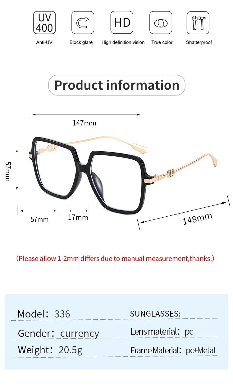 Fashion Oversized Square Eyewear Retro Womens Light Bloking Metal Frame Glasses Trend Optical Computer Eyeglasses Badiee Stylez