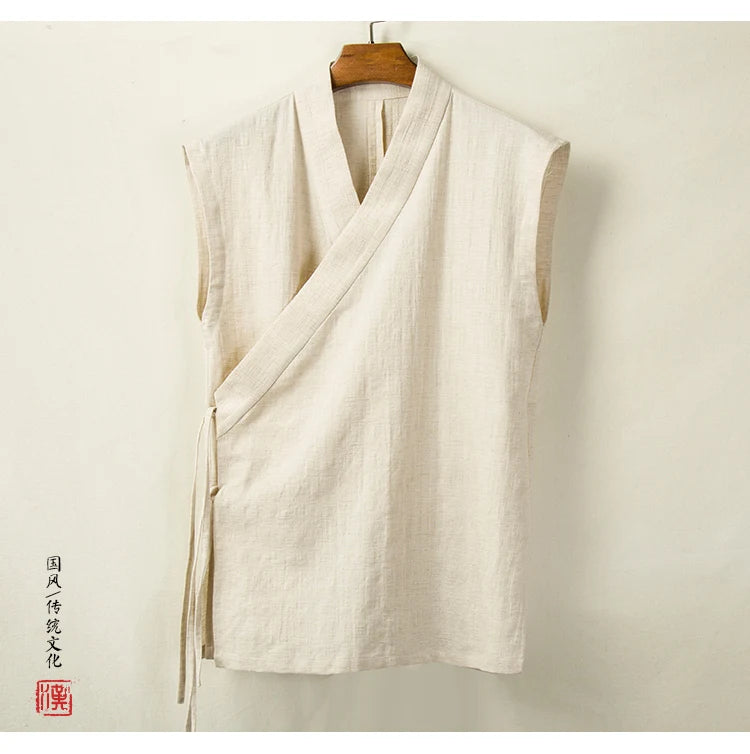 Chinese Traditional Clothing Hanfu Vest Men Linen Cotton Sleeveless Top Men's Tang Suit Kimono Cardigan Men's Slit Top