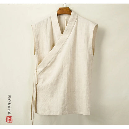 Chinese Traditional Clothing Hanfu Vest Men Linen Cotton Sleeveless Top Men's Tang Suit Kimono Cardigan Men's Slit Top