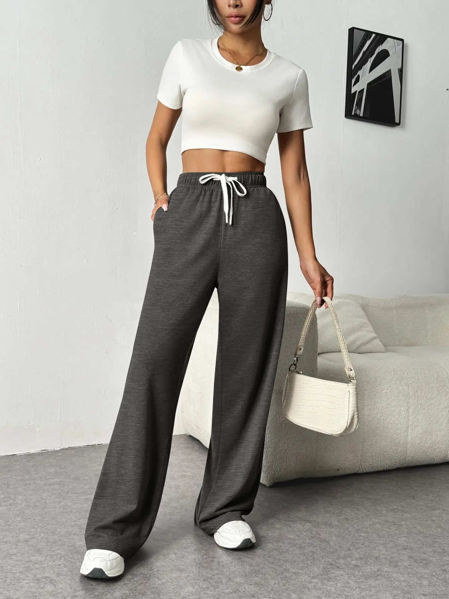 Casual Wide Leg Sports Pants for Women Casual Straight Leg Loose Solid Color Elastic Drawstring High Waisted Wide Leg Pants