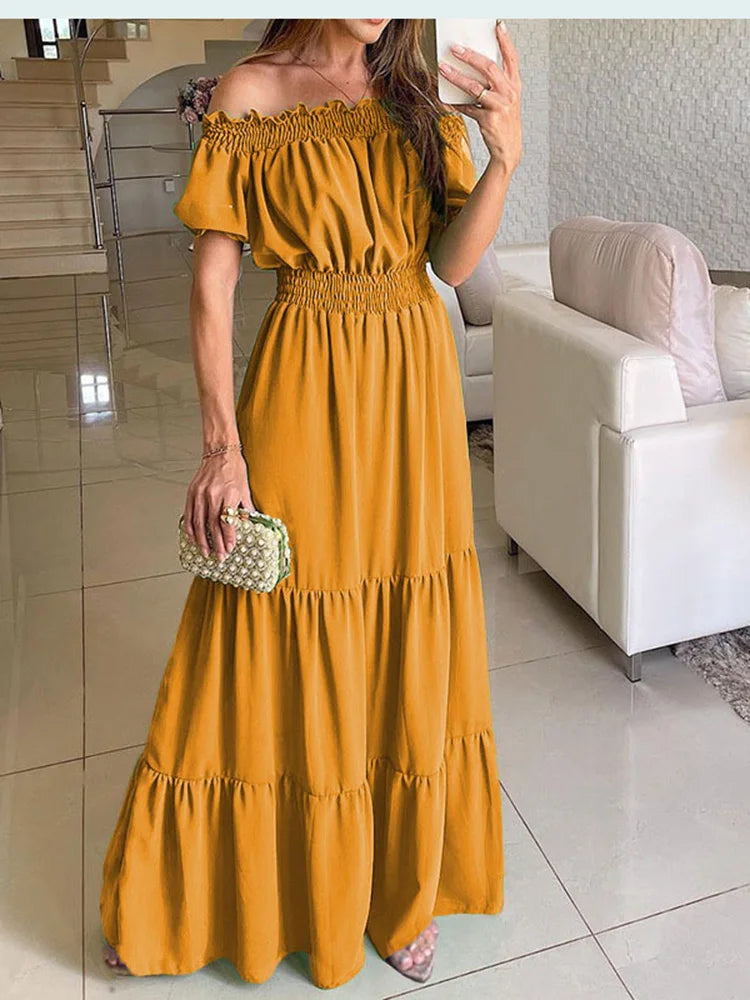 2025 Summer Solid Boho Dress Women Fashion Elegant Beach Party Dress Casual Slash Neck Office Maxi Dresses For Woman Robe Femme 7