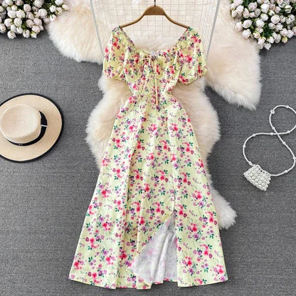 Summer Vintage Dress Blue Floral Summer Bubble Sleeve Tie Up Sexy Dresses Women A-line Print Split Long Dress Elegant Vestidos Yellow