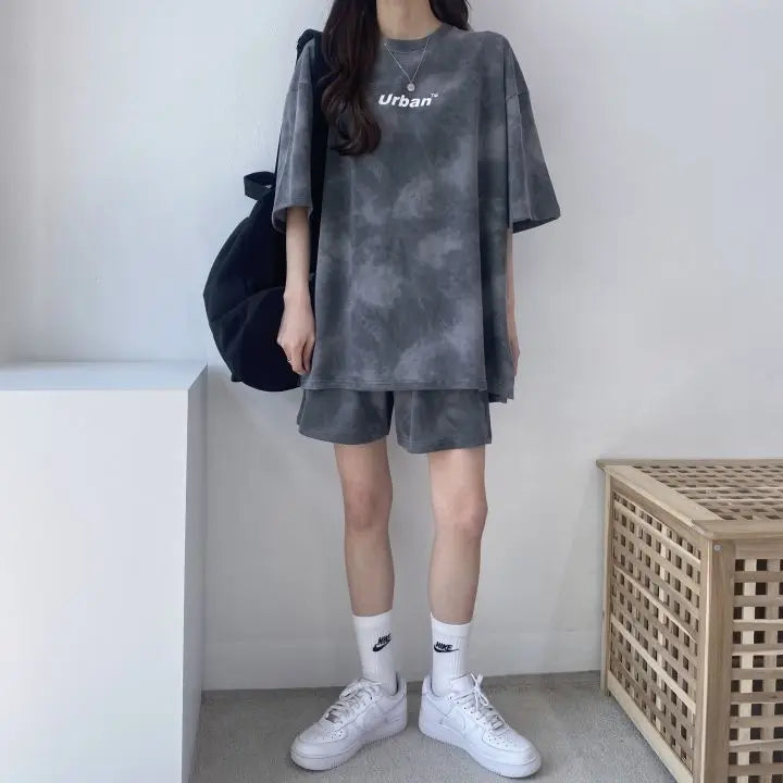 Women Summer 2024 New Fashion Cool Tie Dye Two-Piece Set Leisure And Comfortable Loose Elastic Waist Shorts Set