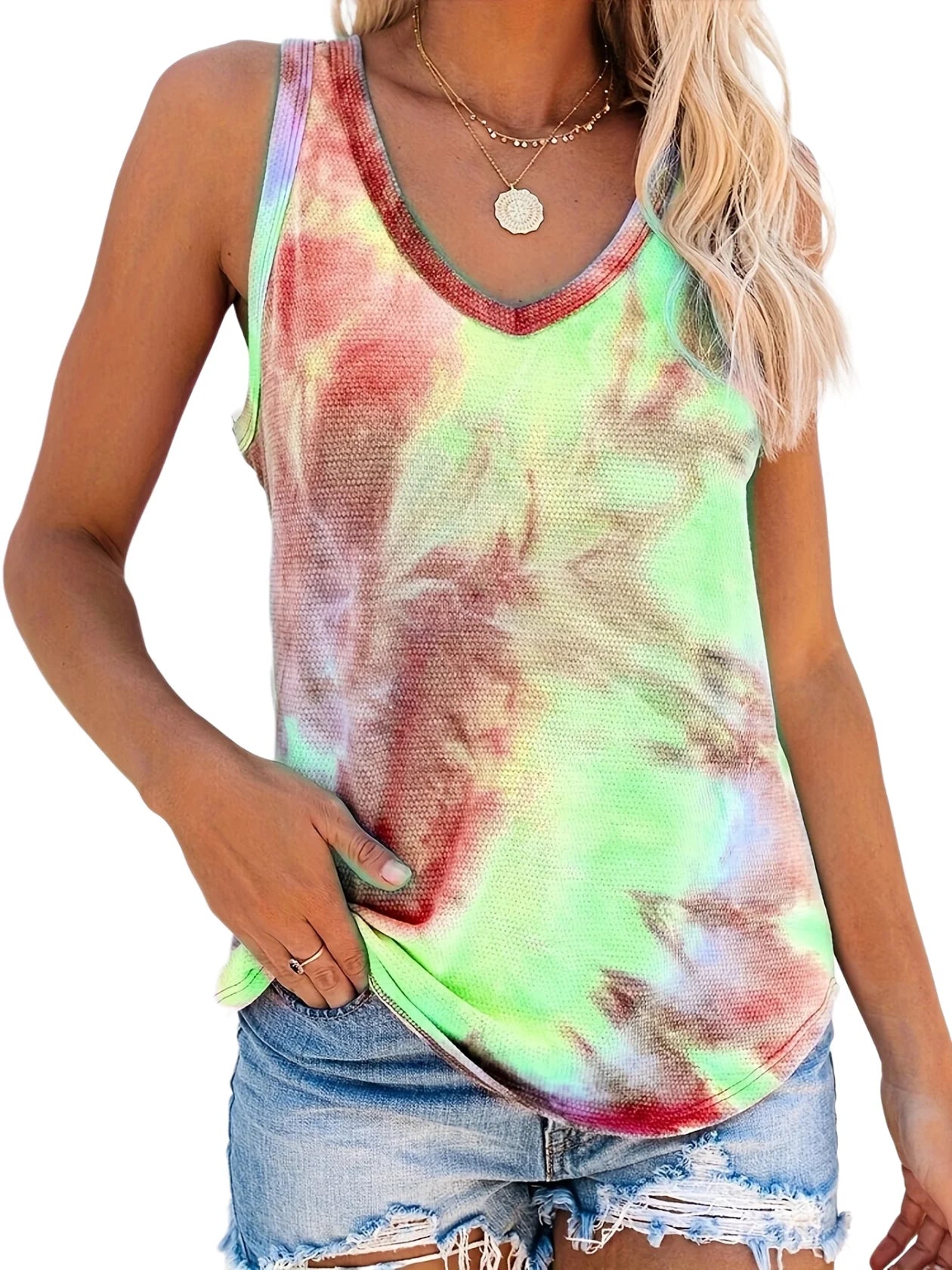 2024 cross-border women's summer new tie-dye cloud sunflower sleeveless vest T-shirt