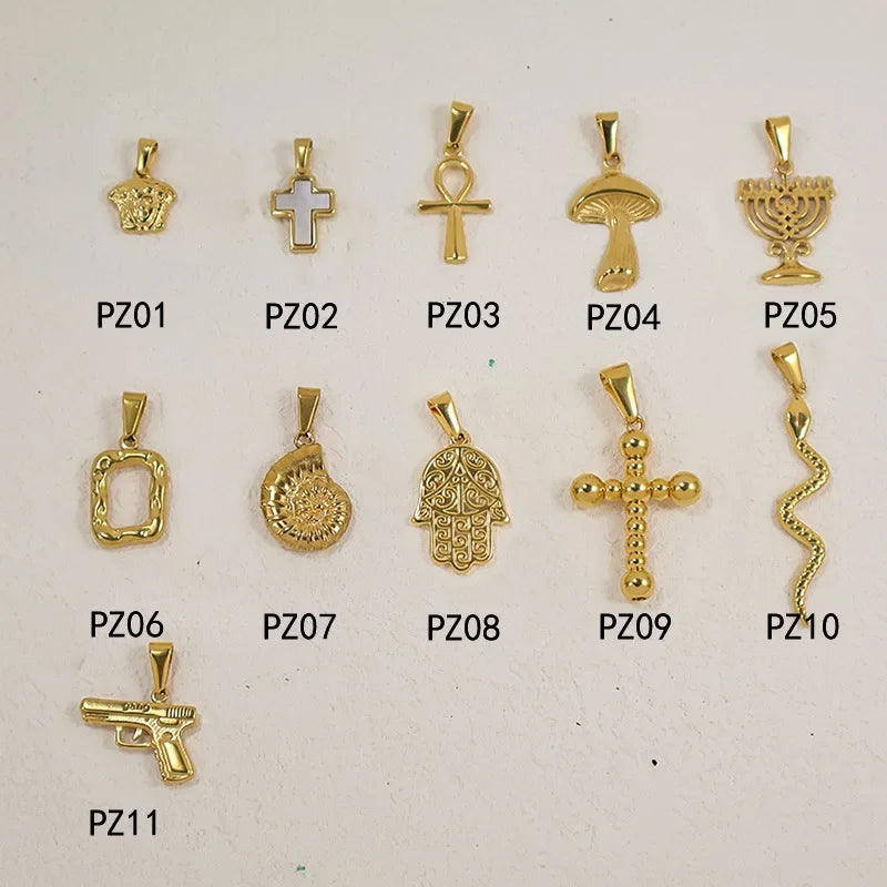 RHYSONG Geometric Stainless Steel 18K Gold Plated Snake Cross Palm Conch Mushroom Pistol Pendant For Women Diy Findings Jewelry