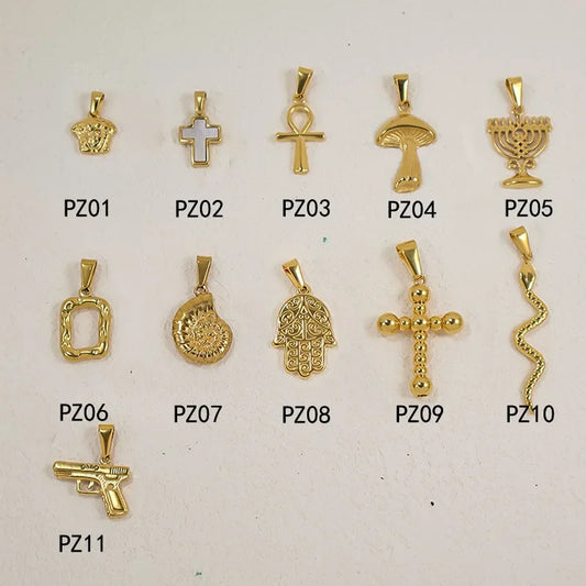 RHYSONG Geometric Stainless Steel 18K Gold Plated Snake Cross Palm Conch Mushroom Pistol Pendant For Women Diy Findings Jewelry