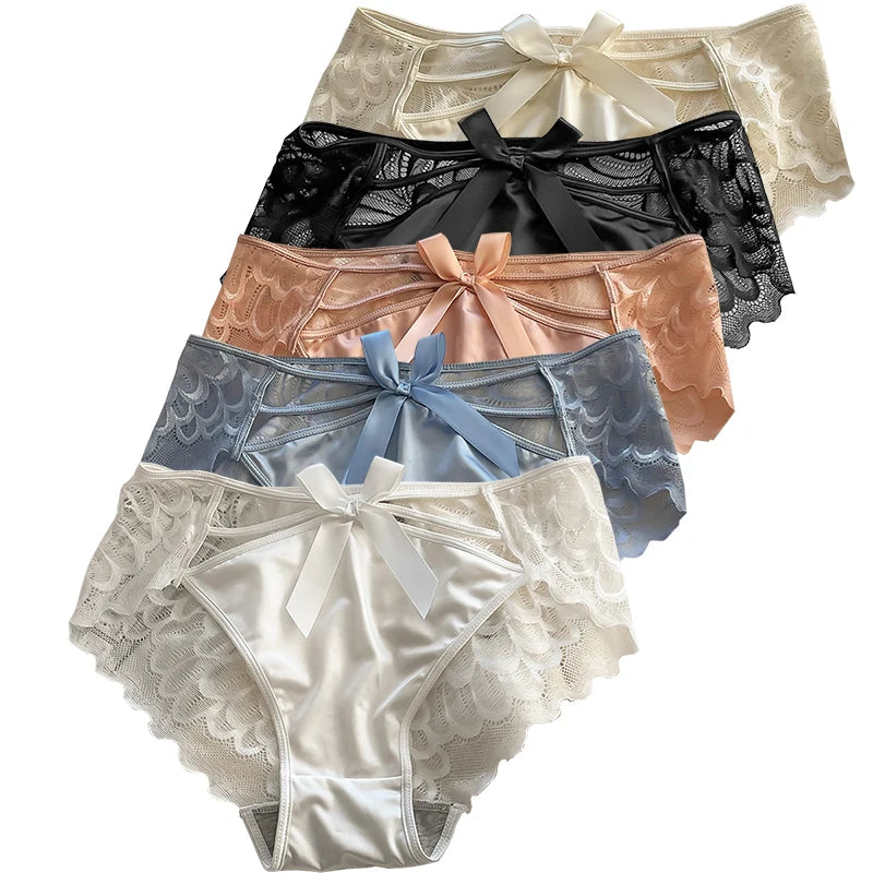 5Pcs Silk underwear, Women's intimate sexy lovely soft ﻿comfortable bowknot silk light thin triangular pants lace splicing 5PCS 5pcs