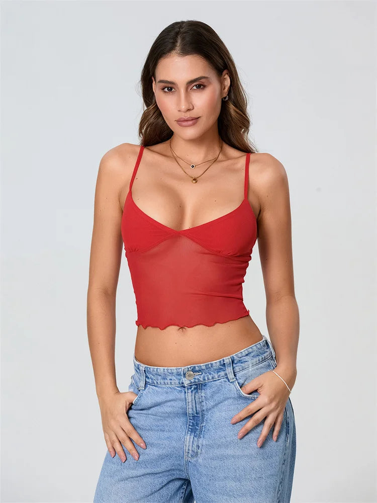 Women Camisole Tops Spaghetti Straps Tulle Patchwork Slim Fit Tank Tops Party Club Sexy Vinateg Corset Cropped Top Summer