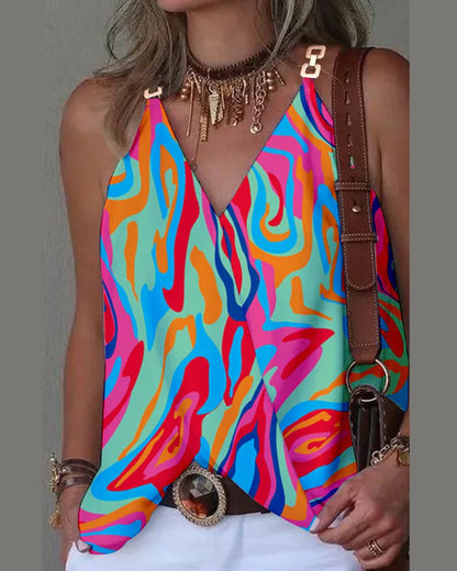 Elegant V-Neck Blouse for Women, Sexy Sleeveless Chain Print, Lady Casual Tops, White, Summer, 2024 Color