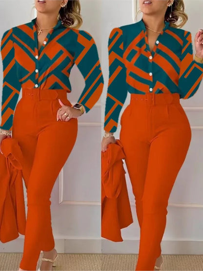 Women's Shirt 2 Pieces Suit Set 2024 Fall Print V Neck Long Sleeve Top Casual High Waist Pockets Work Female Clothes Pants Set CORAL RED