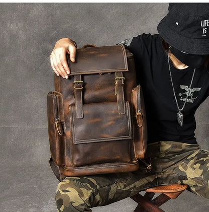 Vintage Crazy Horse Genuine Leather Backpack Men Leather Bagpack Climbing Rucksack male Large Hiking Backpack M814