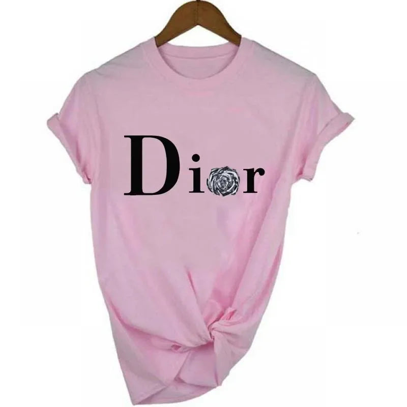 Men's and Women's Letter Printed Short Sleeved Shirt Basic Round Neck T-shirt Fashionable Casual Short Sleeved Summer Brand New H568-3-pink