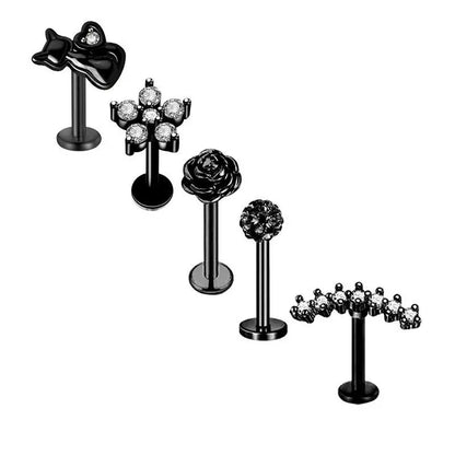 5PCS Flower Tragus Piercing Set Flat Back Cz Cartilage Stud Earring Helix Jewelry Conch Rook Stud Lot Labret Lip Piercing Bulk 5PCS Set9