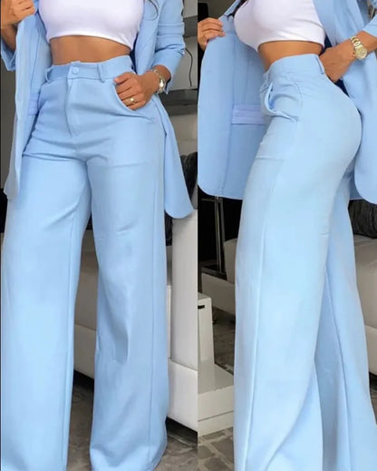 Women Pant Sets Two Piece Set Pants Turn Down Collar Single Breasted Tracksuit Outerwear Ankle Length Straight Pockets Loose