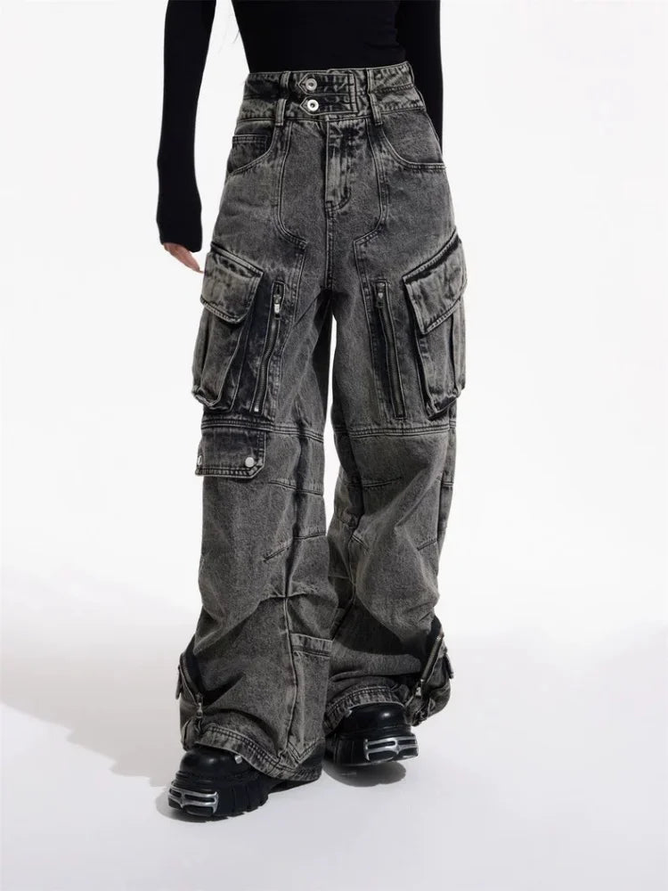 Trashy Y2K 2000S Streetwear Vintage Grey Baggy Pleated Cargo Jeans Pants For Women Clothing Multi Pockets Wide Leg Lady Trousers Vintage Grey CHINA