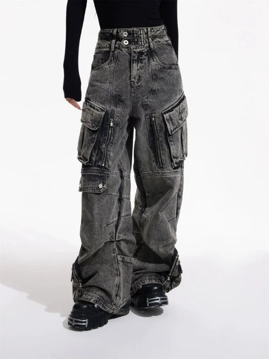 Trashy Y2K 2000S Streetwear Vintage Grey Baggy Pleated Cargo Jeans Pants For Women Clothing Multi Pockets Wide Leg Lady Trousers Vintage Grey CHINA