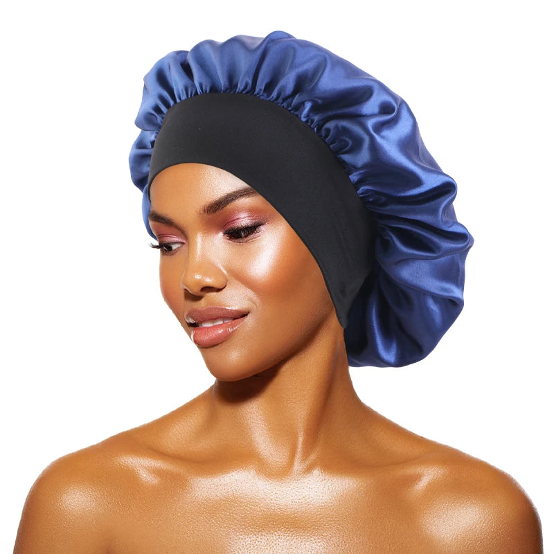 Women's Satin Solid Bonnets Wide-brimmed Night Sleeping Bathing Hat Unisex Head Wrap Elastic Band Cap Hair Care Bonnet Navy Blue One Size