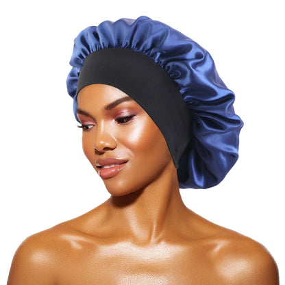 Women's Satin Solid Bonnets Wide-brimmed Night Sleeping Bathing Hat Unisex Head Wrap Elastic Band Cap Hair Care Bonnet Navy Blue One Size
