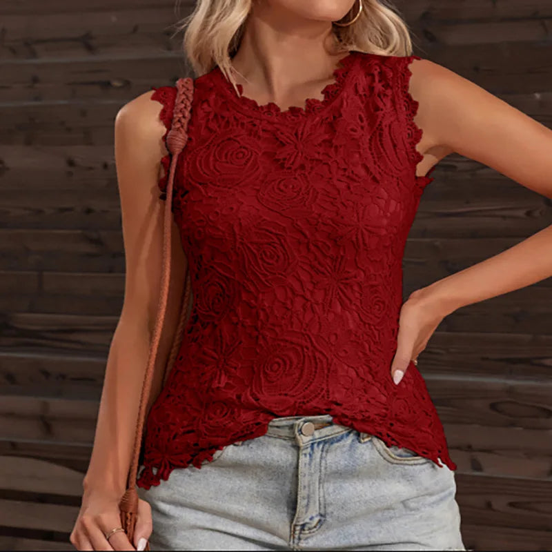 Summer Sleeveless Women Blouses Fashion Lace Casual Vintage Floral Vest Elegant Sexy Top Flower Embroidery Shirt Claret