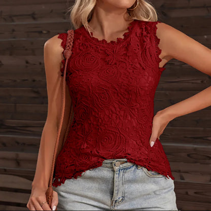 Summer Sleeveless Women Blouses Fashion Lace Casual Vintage Floral Vest Elegant Sexy Top Flower Embroidery Shirt Claret