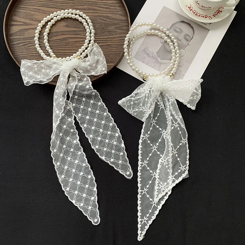 High-Quality Retro Silk Scarf Featuring Lace; Versatile Long Streamer Headband