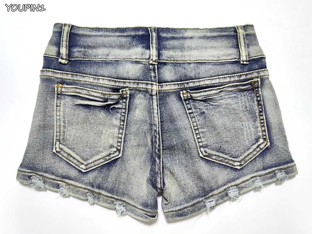Sexy Low Rise Denim Super Shorts Women's Summer Elastic Slim Skinny Rivet Vintage Blue Short Jeans Y2k Versatile Pants