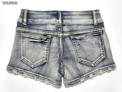 Sexy Low Rise Denim Super Shorts Women's Summer Elastic Slim Skinny Rivet Vintage Blue Short Jeans Y2k Versatile Pants