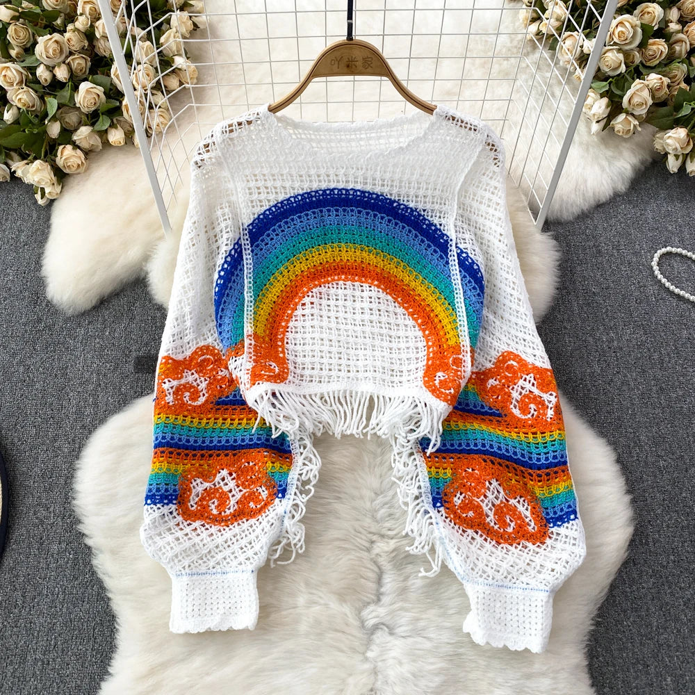 Embroidery Rainbow Crochet Top Sheer Openwork Pullover Batwing Sleeve Cover Up for Women Spring Summer Fairycore Outfit Badiee Stylez