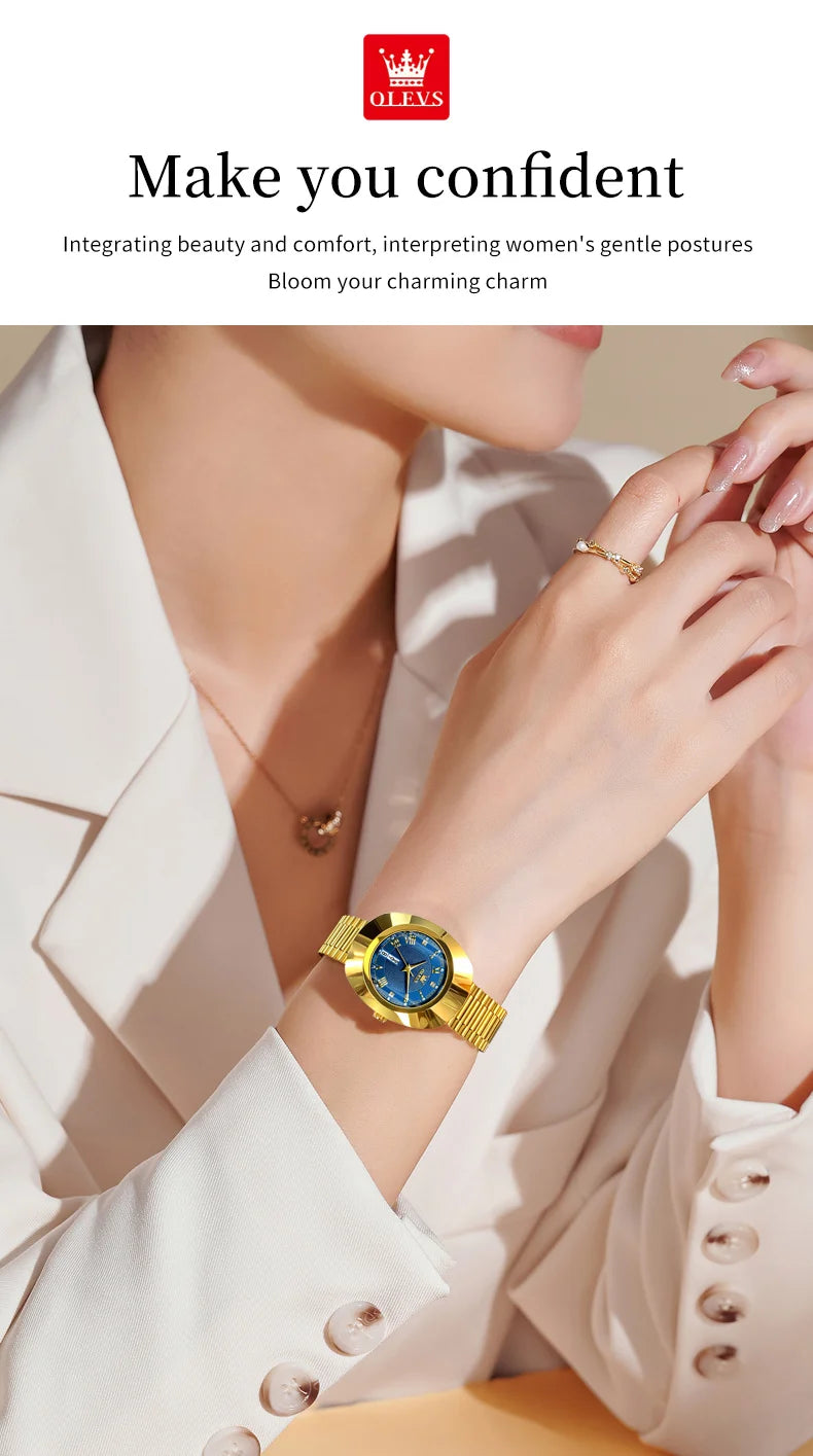 OLEVS Golden Quartz Watch for Women Fashion Elegant Tungsten Steel Case Waterproof Wristwatches Luxury Original Ladies Watch New