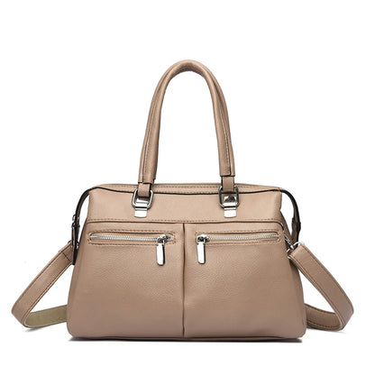 Two Pockets Genuine Brand High Quality Leather Casual Tote Luxury Handbags Women Bags Designer Shoulder Hand Bags for Women Sac Khaki