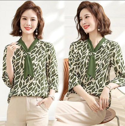 Women's Shirt Middle-aged Mother Elegant Summer Lady Shirts Bandage Floral Printed Chiffon Shirt Blouse Women's Clothing