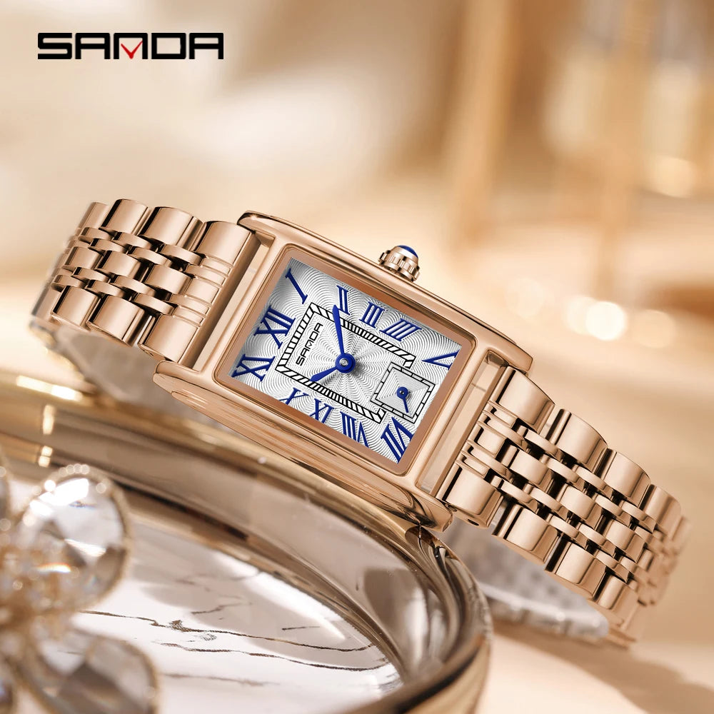 SANDA 1116 Quartz Watch Women Elegant Design Rectangle Dial Watches Waterproof Pointer Leather Business Ladies Wristwatches