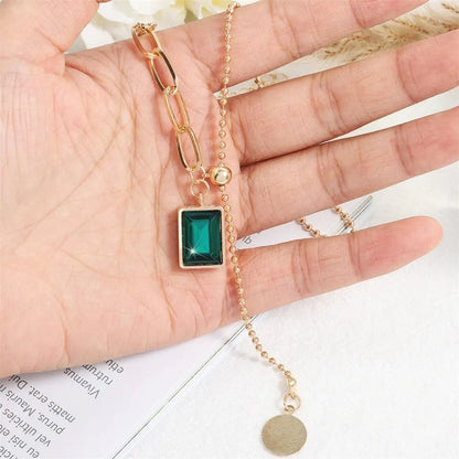 Trendy Square Stainless Steel Green Zirconia Pendant Necklaces For Women Girls Gold Color Metal Round Drop Jewelry Birthday Badiee Stylez