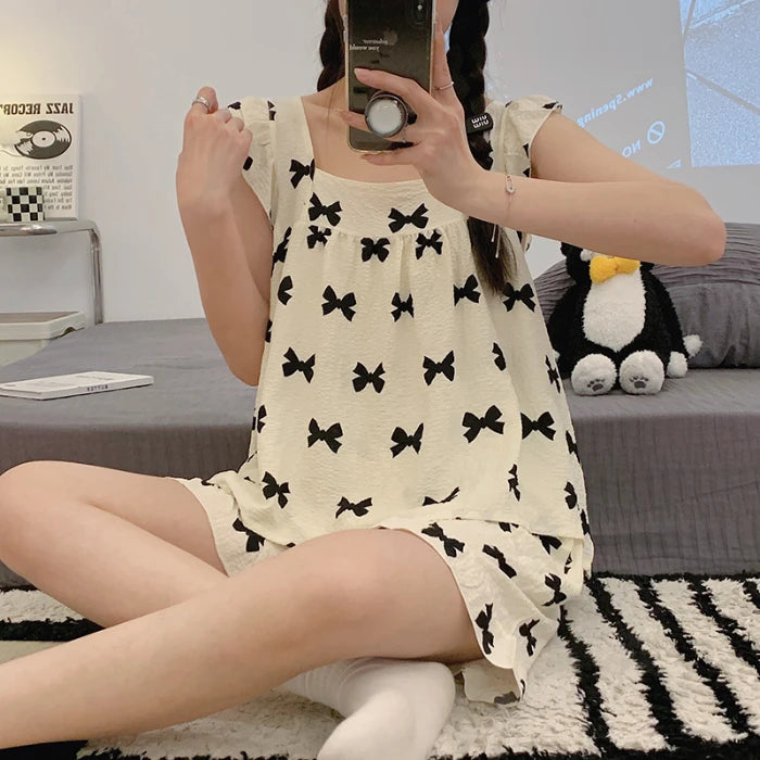 Summer Spwear Women's 2025 New Japanese Sle Fre Vest orts Woven Cotton Thin Home Clothes Set Sweet Print ort Pants Bow