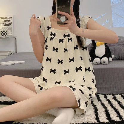 Summer Spwear Women's 2025 New Japanese Sle Fre Vest orts Woven Cotton Thin Home Clothes Set Sweet Print ort Pants Bow