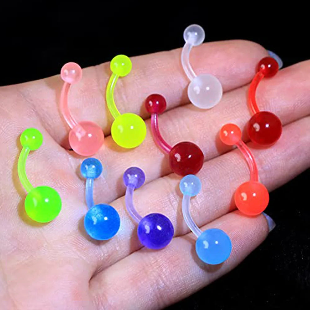10Pieces Belly Button Rings Glow in the Dark Belly Rings Acrylic Flexible Barbells Colorful Navel Piercing Jewellery Navel Bars Badiee Stylez