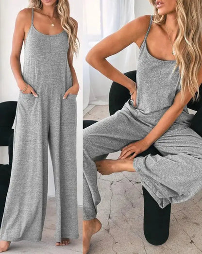 Jumpsuit For Women 2022 Fashion Grey Pocket Design Spaghetti Strap  Casual Home Daily Chic Loose Wide Leg Cami Jumpsuit Badiee Stylez