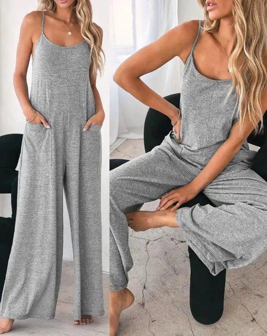 Jumpsuit For Women 2022 Fashion Grey Pocket Design Spaghetti Strap  Casual Home Daily Chic Loose Wide Leg Cami Jumpsuit Badiee Stylez