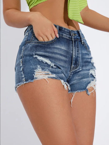 Ripped Raw Denim Shorts For Women Fashion A-line Hem Female Summer Hot Pants Streetwear Blue Clothing Skinny Sexy Retro Leisure Badiee Stylez
