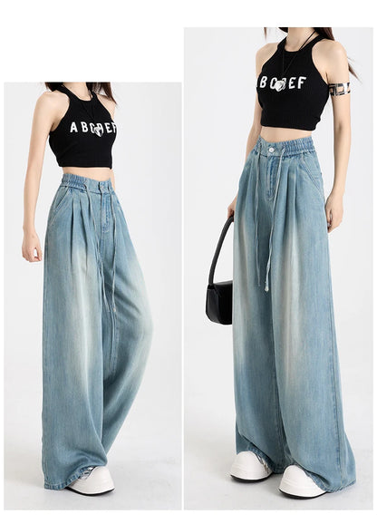 Summer Luxury Soft Cozy 100%Lyocell Fabric Woman Jeans Loose Wide Leg Elastic Waist Pants Fashion Casual Trousers Plus Length