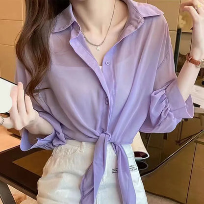 Xpqbb Summer Sun Protection Shirts Ladies Solid Color Tied Waist Half Sleeve Button Blouse Women Casual Loose Chiffon Shirt PURPLE