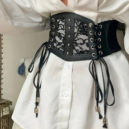 Chic Black Lace-Up Corset Belt - Elastic, Wide Waistband for Women | Perfect for Parties & Casual Outings Badiee Stylez