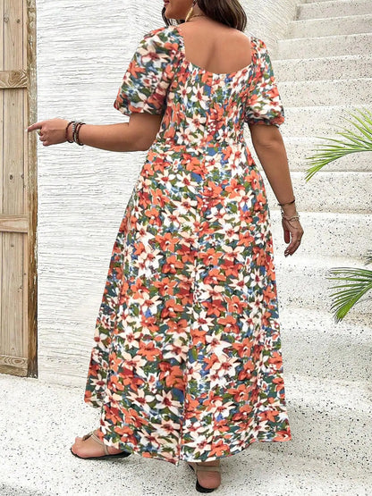 【Plus Size】 Ditsy Floral / All Over Print Split Thigh Dress, Casual Puff Sleeve Tie Front Dress, Women Plus Clothing for Summer
