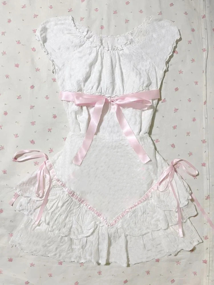 Sweet Y2K Woman Fashion Cute Clothing Dress Artsy Maiden Harajuku Sundress Aesthetic Chic Daily Fairy tale Classic Vintage Frock White